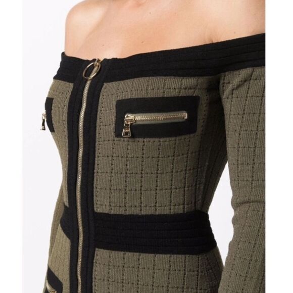Balmain Off Shoulder Knit Dress Green - Picture 6 of 13